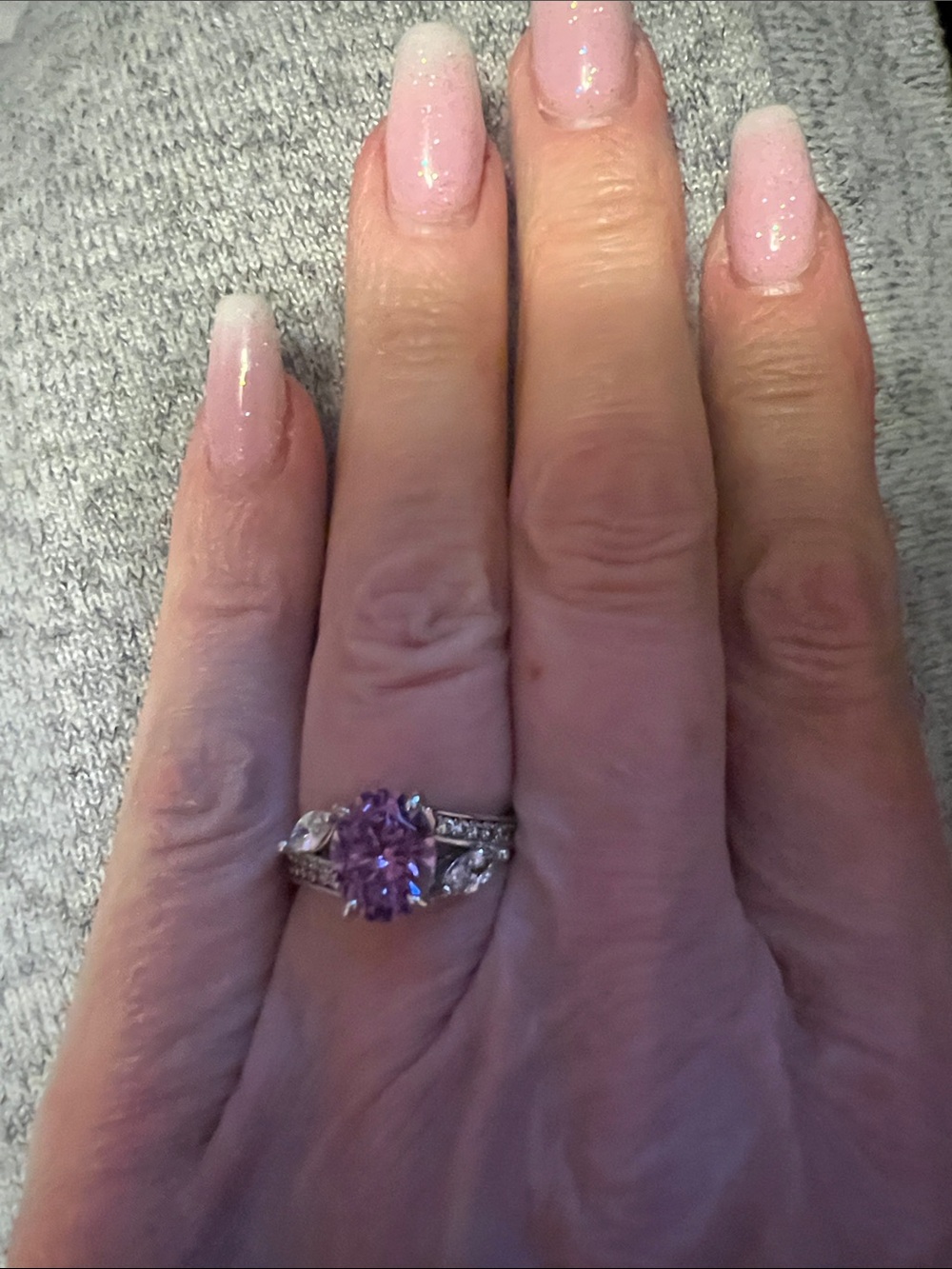 Sterling Silver Ring with Purple Moissanite Center Stone (3ctw)and Clear Accents